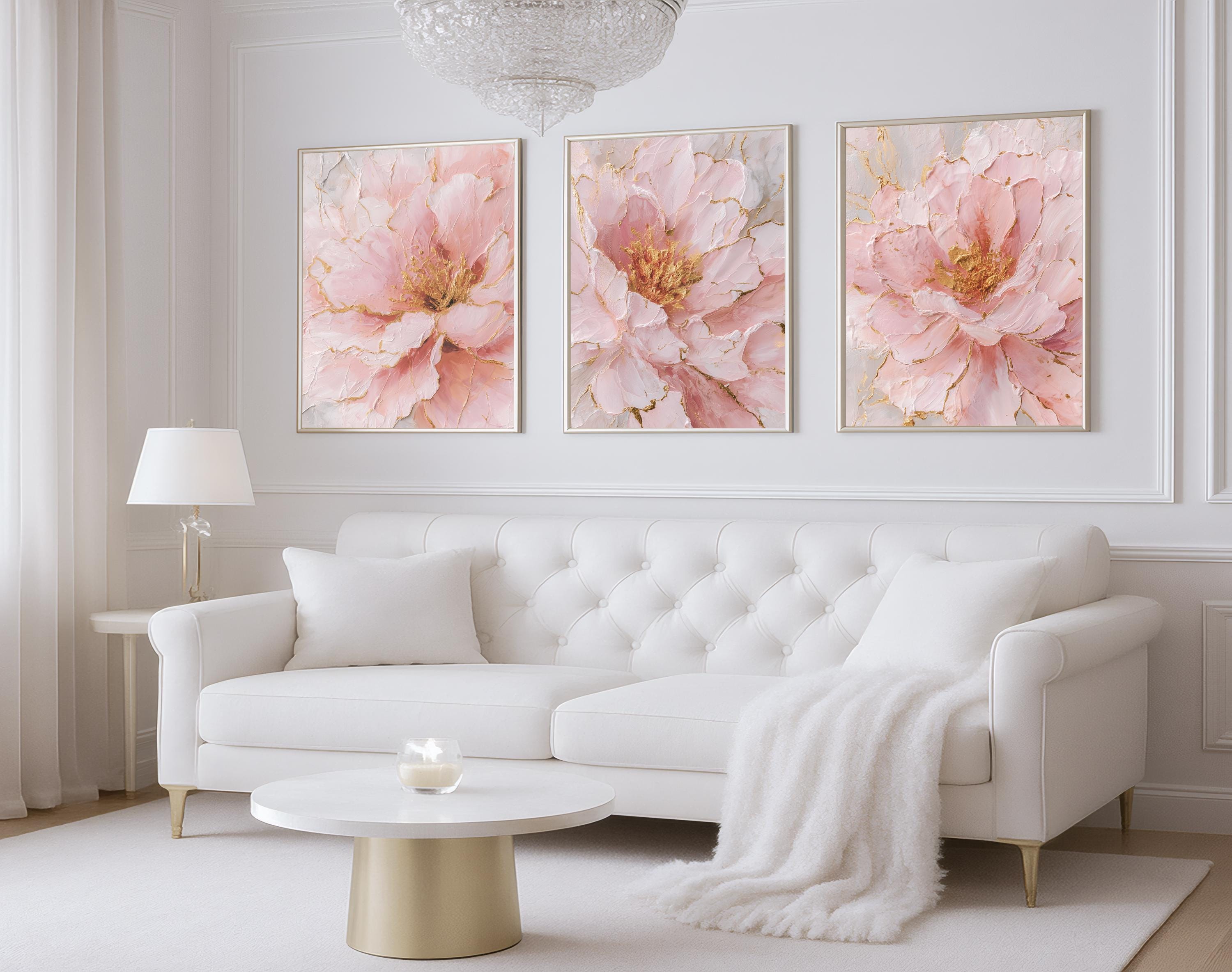 Textured Pink Gold Flower Wall Art Set of 3, Blush Modern Abstract ...
