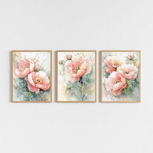 Watercolor Peony Wall Art Set of 3 | Blush Pink Flower Prints | Botanical Digital Download | Soft Floral Decor for Bedroom or Living Room