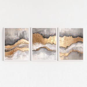 Gold Gray Abstract Art Set: Metallic Texture Triptych (Digital Download)