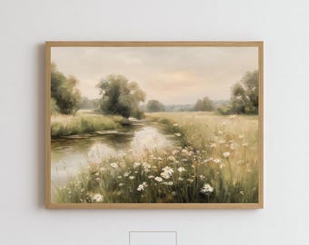 Peut inclure: Peinture de paysage encadrée représentant une scène de rivière sereine avec des fleurs sauvages et des arbres. L'œuvre présente une palette de couleurs naturelles de verts, beiges et jaunes doux. Le cadre est en bois clair. Le texte "FRAME63" est en bas.