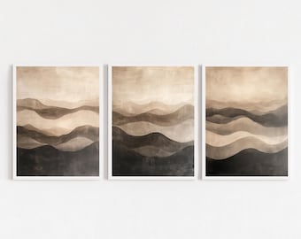 Mountain Triptych Set of 3 Print: Neutral Abstract Landscape, modern watercolor living room, romantic boho, office, digital download decor