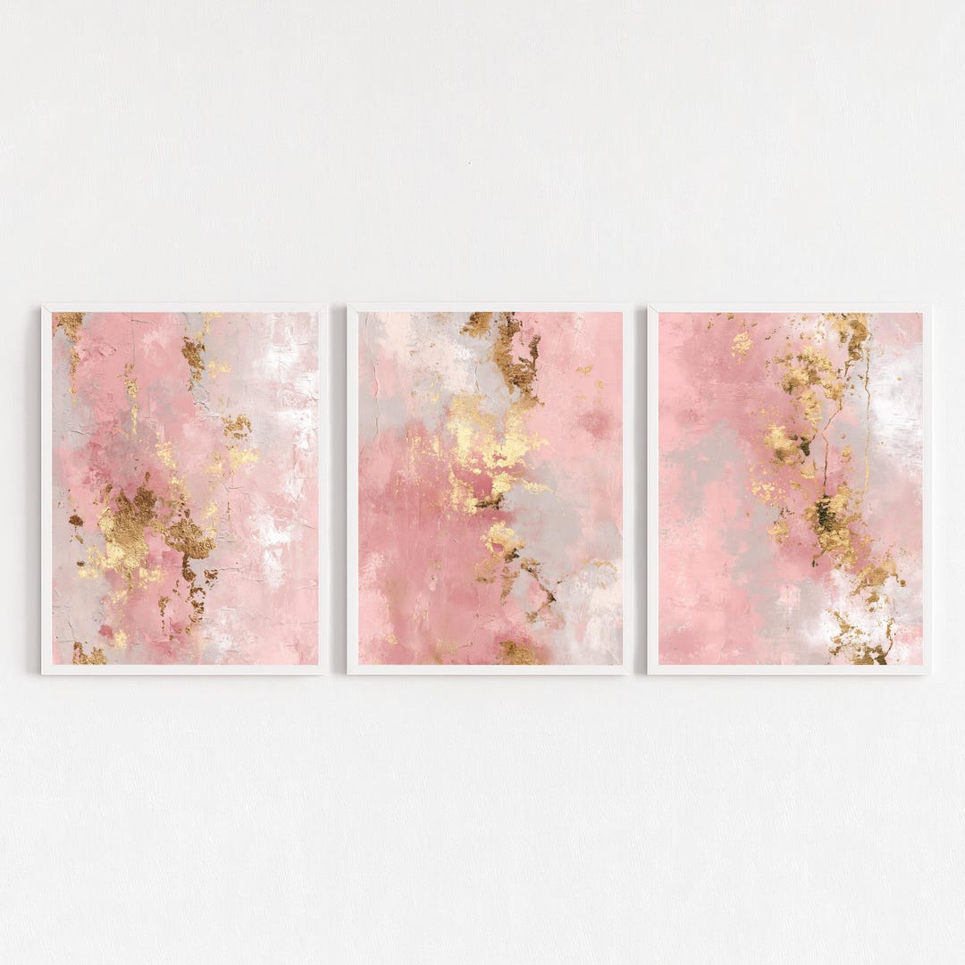 Pink Gold Abstract Wall Art Set of 3, Blush Modern Abstract Watercolor ...