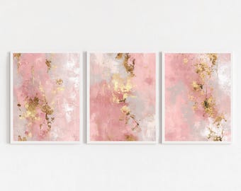 Roze gouden abstracte muurkunst set van 3, blush moderne abstracte aquarel woonkamer, romantisch boho kantoor digitale download decor