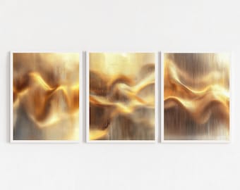 Golden Abstract Waves Set of 3: Metallic Fluid Wall Art Print, modern abstract living room, boho, home and office digital download decor