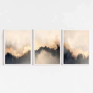 Gold Black Abstract Art Set: Beige Minimalist Prints Triptych (Digital Download)