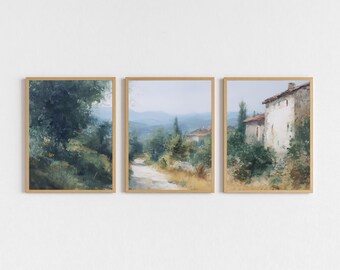 Mediterranean Village Print Set of 3, Rustic Farmhouse Landscape, Vintage Wall Art, Countryside Digital Download, Oil Painting Decor