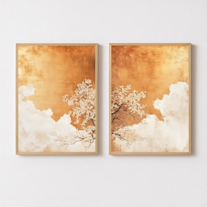 Golden Sakura Blossom Art Set: Minimalist Floral Diptych (Digital Download