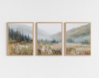 Mountains Wildflower Meadow Field Wall Art Set of 3 Vintage Countryside Landscape Digital Download Painting Rustic Farmhouse Printable Decor