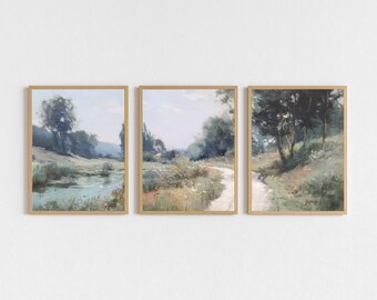 Summer Wildflower Pond Wall Art Prints Set of 3, Vintage Countryside Landscape, Digital Download, Painting Rustic Farmhouse Printable Decor
