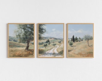 Mediterranean Olive Grove Art Print Set, Vintage Wall Art Countryside Landscape Digital Download Painting Rustic Farmhouse Printable Decor
