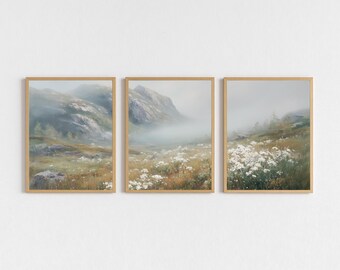 Wildflower berglandschapskunst set: rustieke boerderij afdrukbare digitale download, vintage muurkunst, gesplitste prints schilderij, zomer, mist