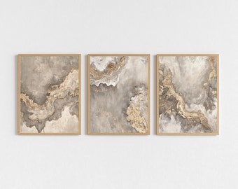 Neutral Gold Abstract Wall Art Set of 3 | Stone Texture Printable Triptych | Earthy Beige & Gray Digital Download | Elegant Home Decor