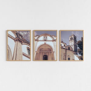 Trittico di fotografie di cattedrali europee: arte architettonica di chiese storiche (download digitale)