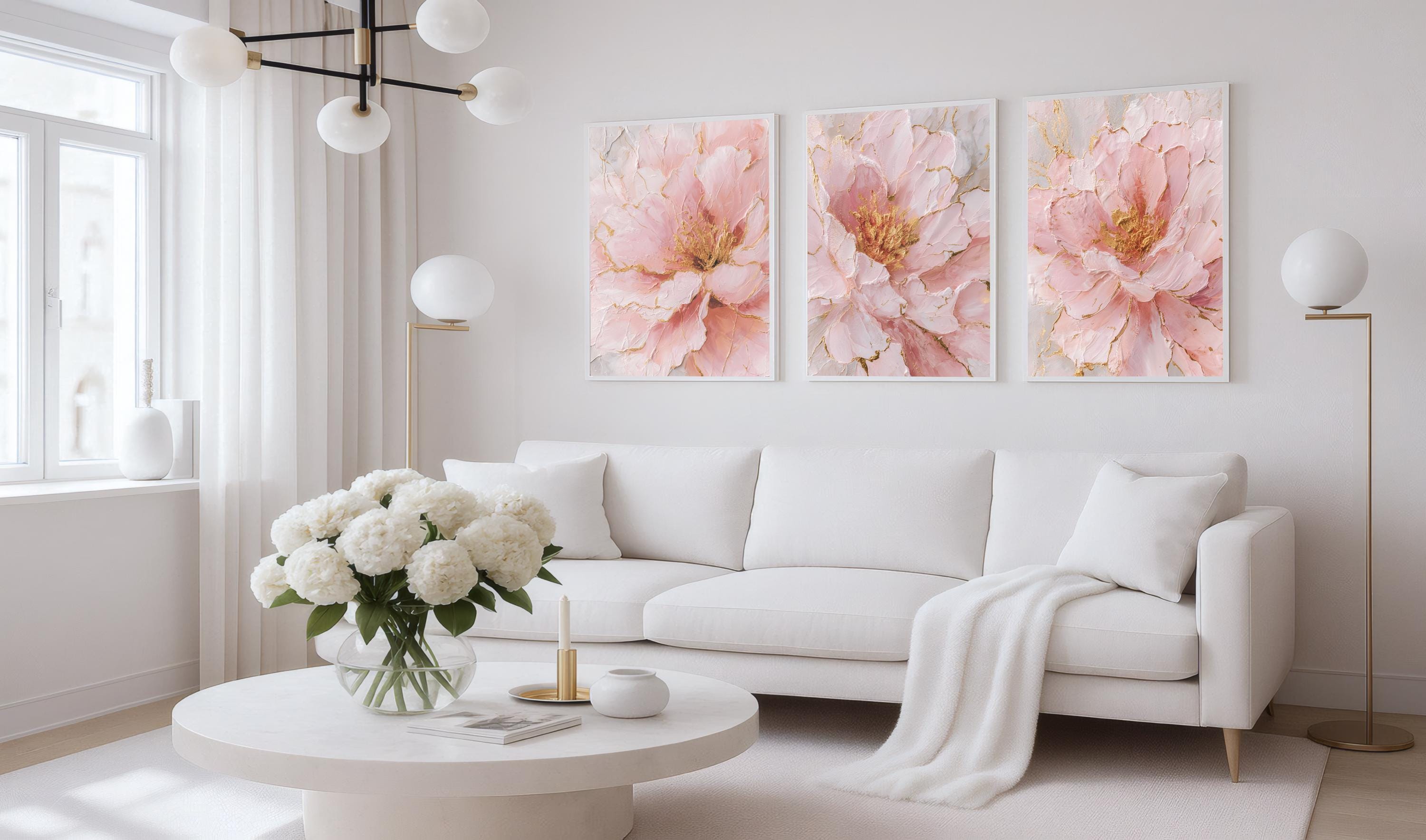 Textured Pink Gold Flower Wall Art Set of 3, Blush Modern Abstract ...