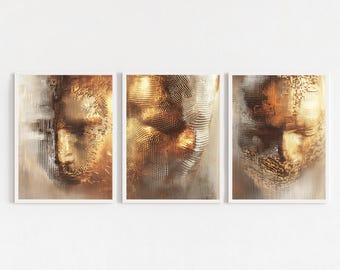 黄金の抽象的な顔のアート3点セット：メタリックテクスチャポートレートプリント、モダンな抽象的な水彩画、リビングルーム、オフィスのデジタルダウンロード装飾