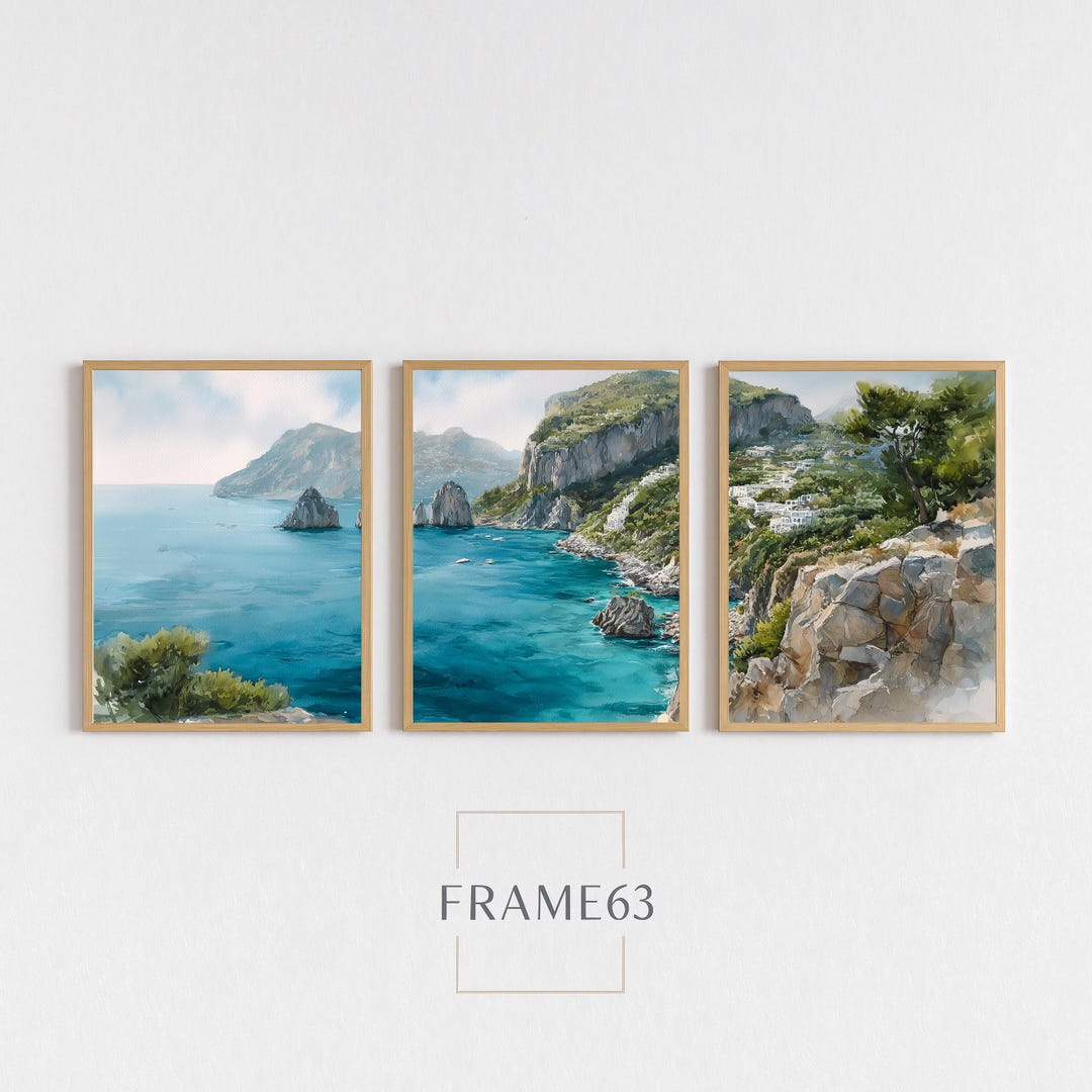 Mediterranean Turquoise Sea, Italy Wall Art Set of 3, Landscape Digital ...