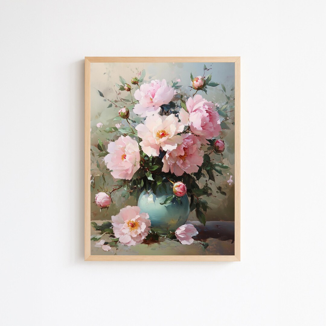 Vintage Pink Peonies Print: Shabby Chic Floral Still Life (digital ...