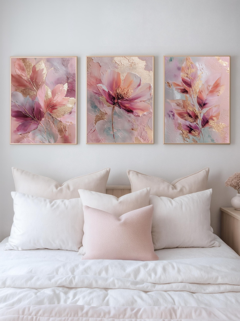 Blush Floral Wall Art Set of 3, Pink Botanical Digital Prints With Gold ...