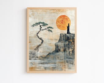 Japanese Warrior Wall Art Print: Red Sun Zen Landscape, modern abstract living room, romantic, boho office and home digital download decor