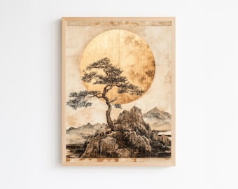 Japanskt zenlandskap väggkonsttryck: Gyllene sol, minimalistisk Japandi-dekor, modernt abstrakt vardagsrum, digital nedladdning för hem och kontor