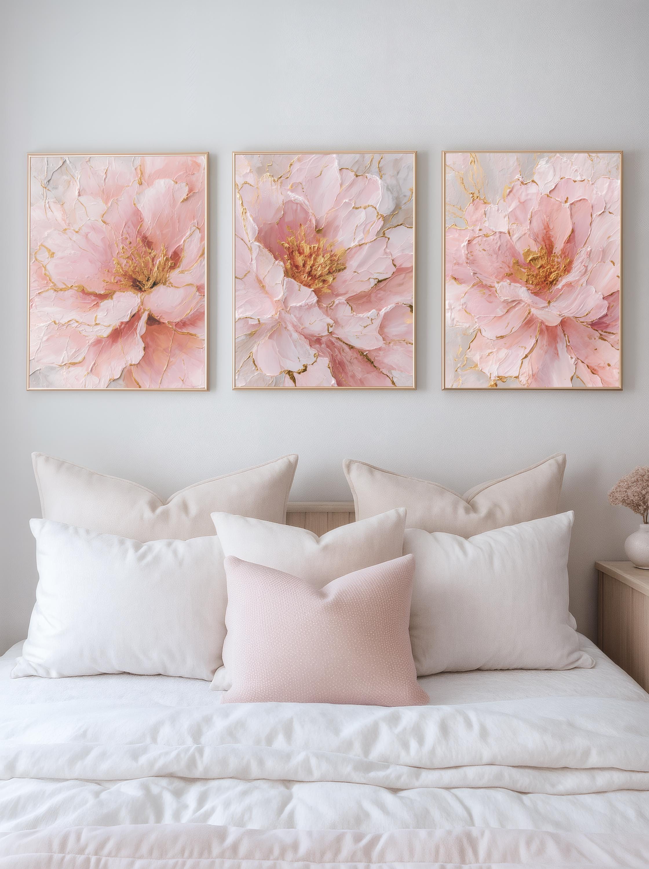 Textured Pink Gold Flower Wall Art Set of 3, Blush Modern Abstract ...