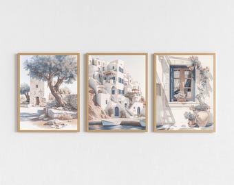 Santorini Coastal Print Set of 3: Greek Village, Olive Tree, Aegean Blue, Digital Download Painting Rustic Farmhouse Printable Decor, Italy