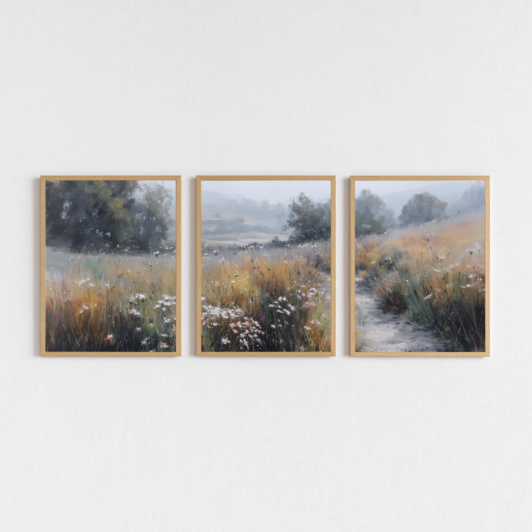 Wildflower, Meadow Landscape Print Set of 3: Vintage Farmhouse Wall Art ...