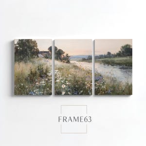 Spring River Wildflower Meadow Wall Art Set of 3, Vintage Landscape, Digital Download Painting Farmhouse Printable Decor Rustic Countryside