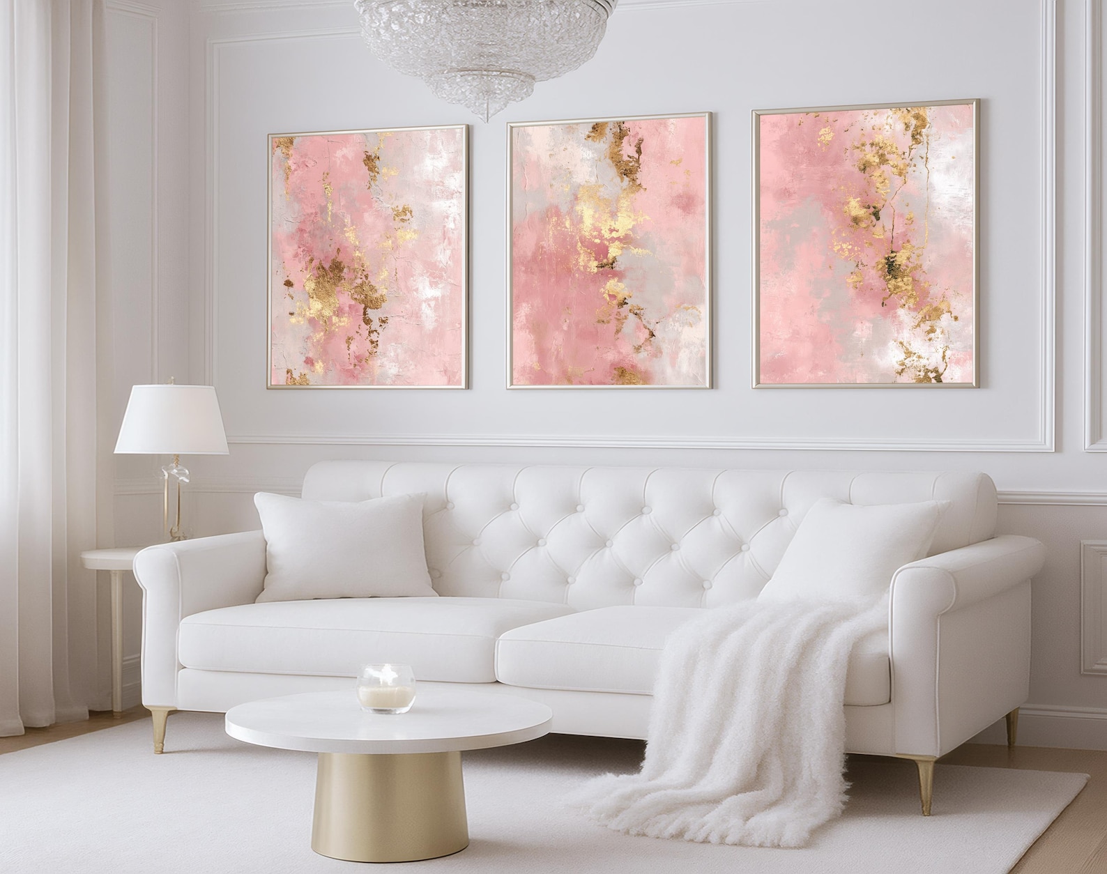 Pink Gold Abstract Wall Art Set of 3, Blush Modern Abstract Watercolor ...