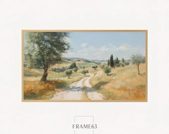 Tuscan Countryside Road – Golden Fields and Cypress Trees, Mediterranean Oil Painting for Samsung Frame TV, Digital Download Wall Decor