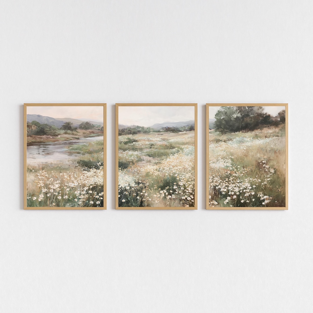 Wildflower Meadow Field Wall Art Set of 3, Vintage Countryside Landscape Digital Download