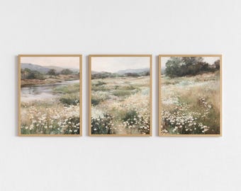 Wildflower weide veld muur kunst set van 3, vintage platteland landschap digitale download schilderij rustieke boerderij afdrukbare decor