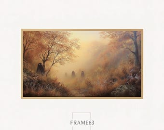 Dark Ghosts in Misty Autumn Forest Painting, Spooky Halloween Wall Art - Samsung Frame TV Digital Download, Haunted Fall Screensaver