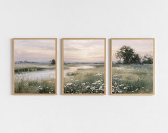 Rustige weide, rivier zonsondergang set van 3, vintage muurkunst, velden landschap, digitale download schilderij rustieke boerderij afdrukbare decor olie