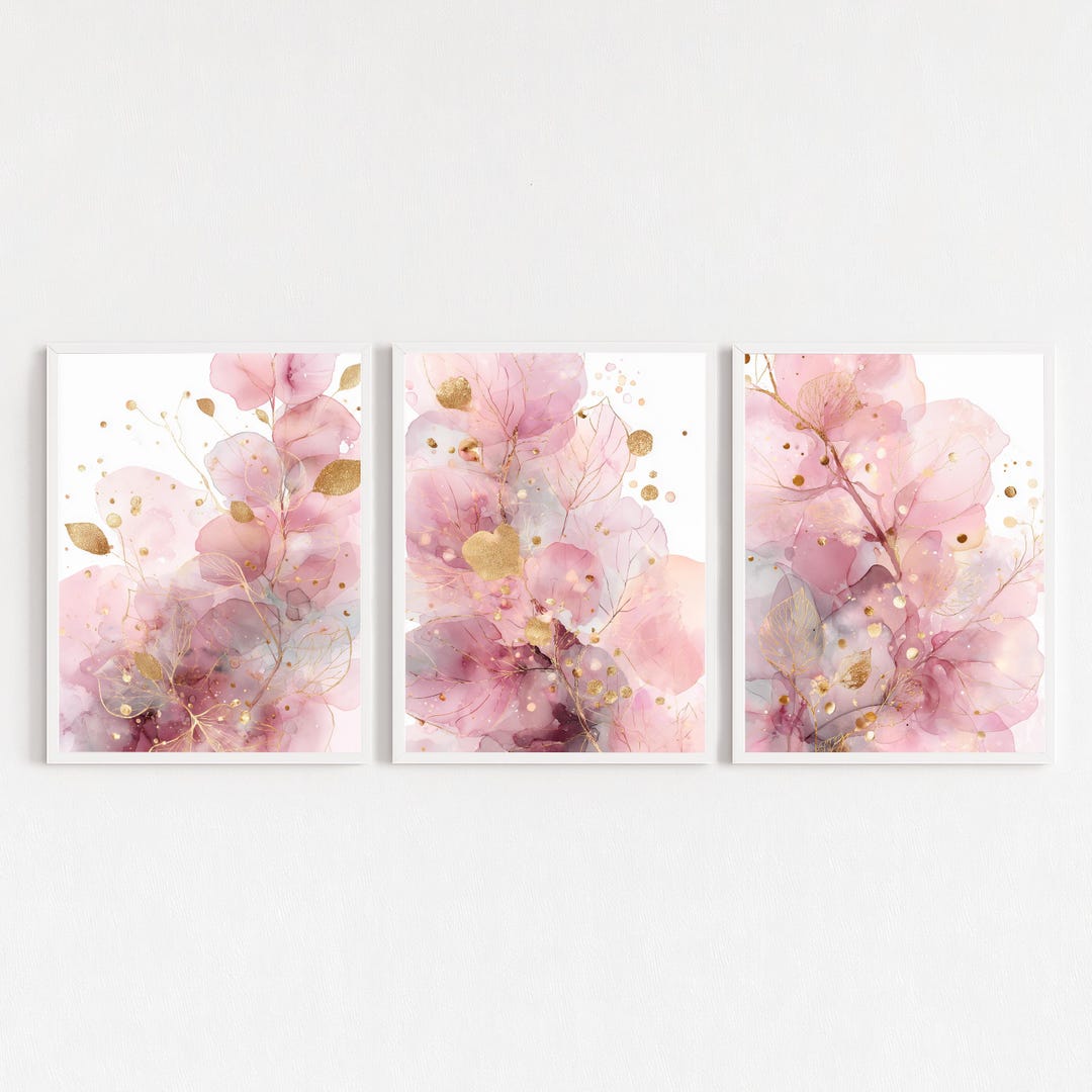 Blush Floral Wall Art Set of 3: Pink Gold Watercolor Prints, Modern ...