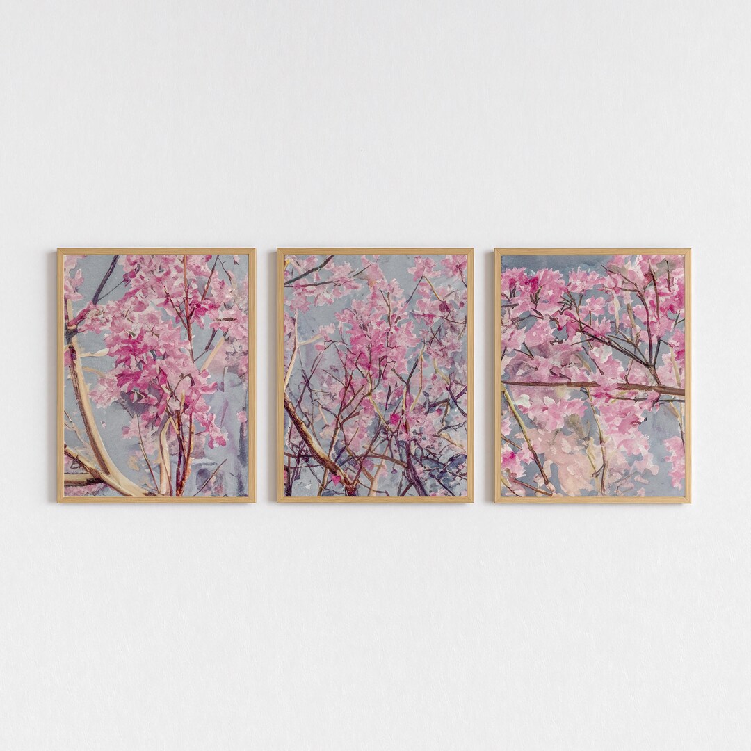 Cherry Blossom Triptych Wall Art – Pink Floral Watercolor Style Print ...