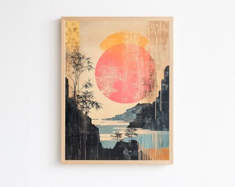 Japanese Zen Landscape Wall Art Print: Red Sun, Wabi Sabi Decor, modern abstract living room, romantic boho, office digital download decor