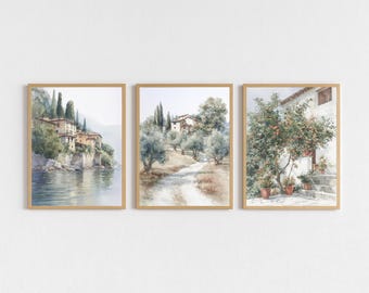 Tuscany Neutral Wall Art Set of 3 Prints | Sea Digital Download | Italian Countryside Decor | Olive Tree Landscape | Rustic Home Printable