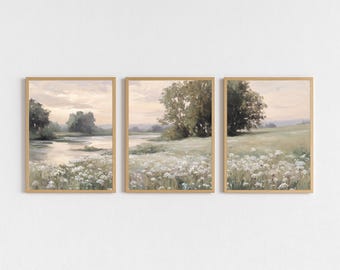 Platteland weide wilde bloemen veld set van 3, vintage muurkunst, velden landschap, gesplitste prints schilderij, rustieke boerderij afdrukbaar decor