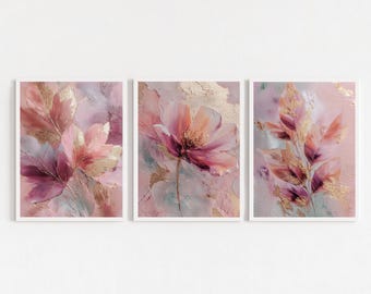 Blush bloemen muurkunst set van 3, roze botanische digitale prints met gouden accenten, modern drieluik voor slaapkamer- of woonkamerdecor