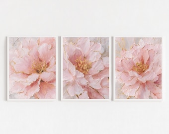 Getextureerde roze gouden bloem muur kunst set van 3, blush moderne abstracte bloem aquarel woonkamer, romantische boho decor digitale download