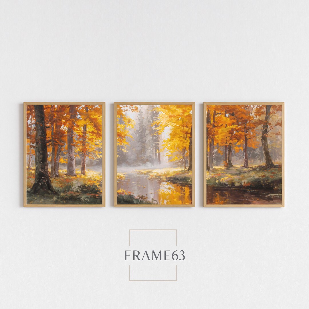Autumn Forest River Print Wall Art Set of 3: Rustic Farmhouse Fall ...