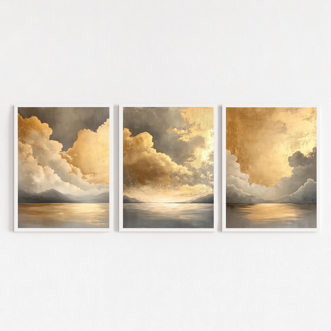 Golden Seascape Triptych Wall Art Set of 3: Elegant Sunset Landscape ...