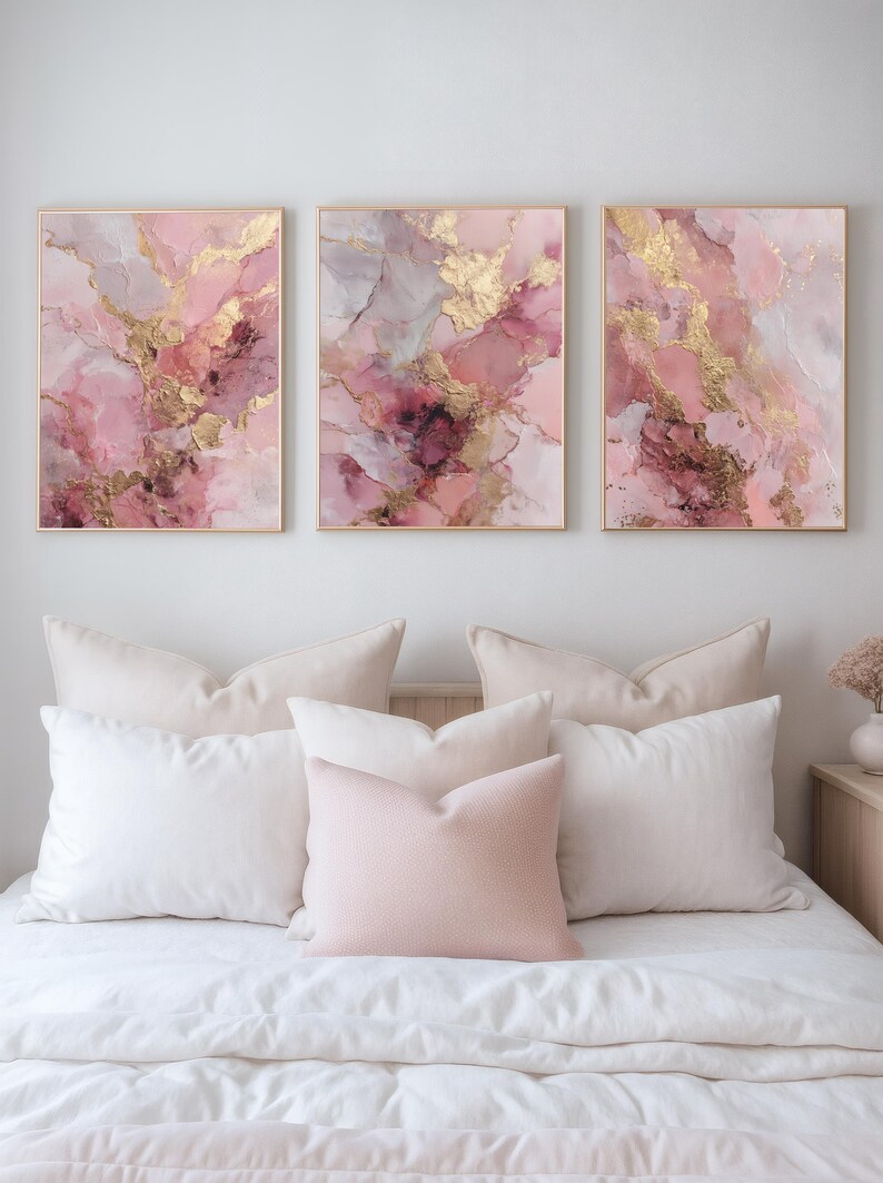 Blush and Gold Ink Abstract Wall Art – Set of 3 Pink Digital Prints for ...