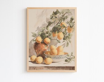 Lemon Kitchen Print: Italian Mediterranean Decor, Vintage Countryside Landscape Digital Download Painting, Rustic Farmhouse Printable Decor