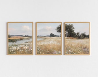 Wildflower River Landscape Art Set of 3, Vintage Farmhouse Printable, Meadow Countryside Landscape Digital Download, Painting Rustic Decor