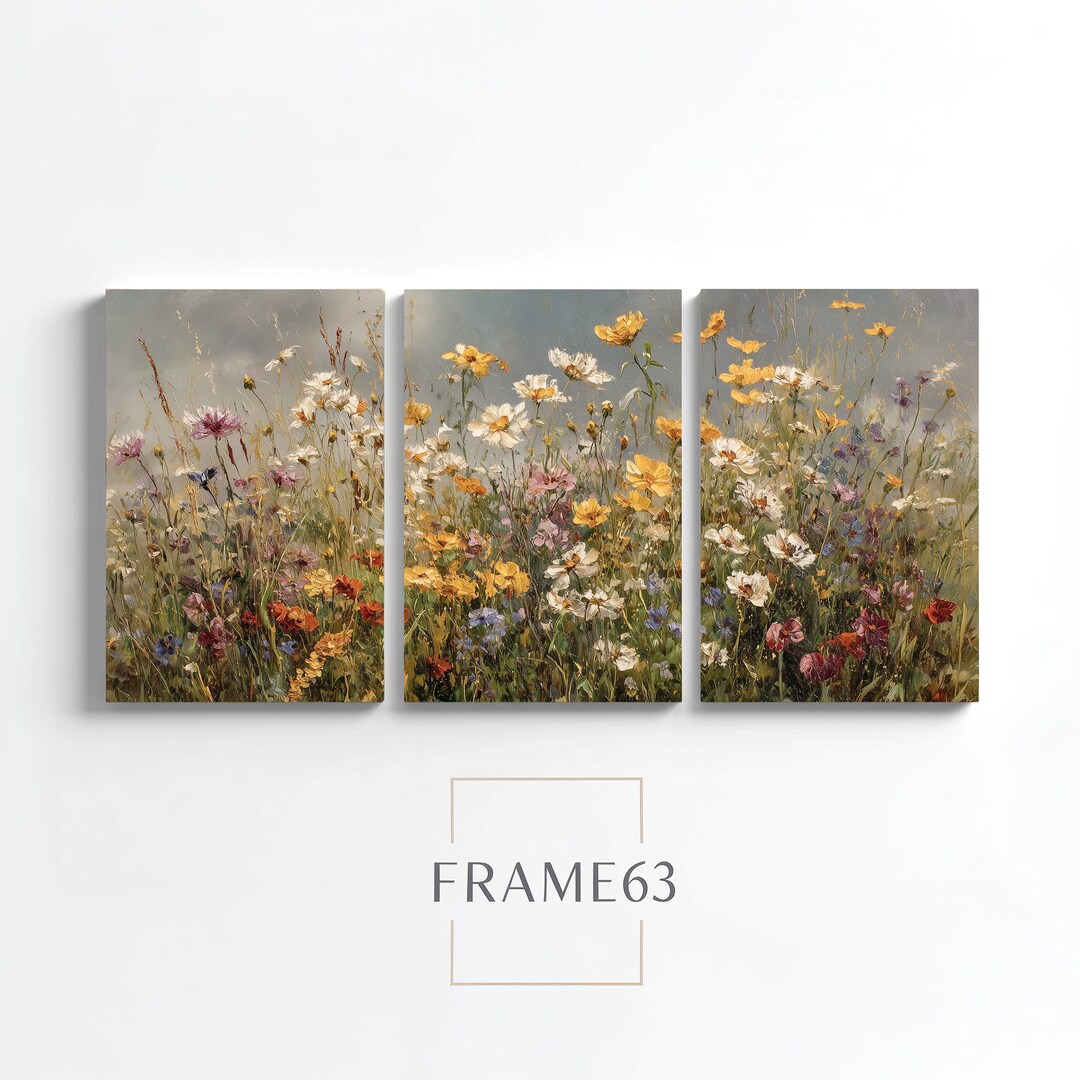 Spring Wildflower Meadow Wall Art Set of 3, Floral Vintage Landscape ...