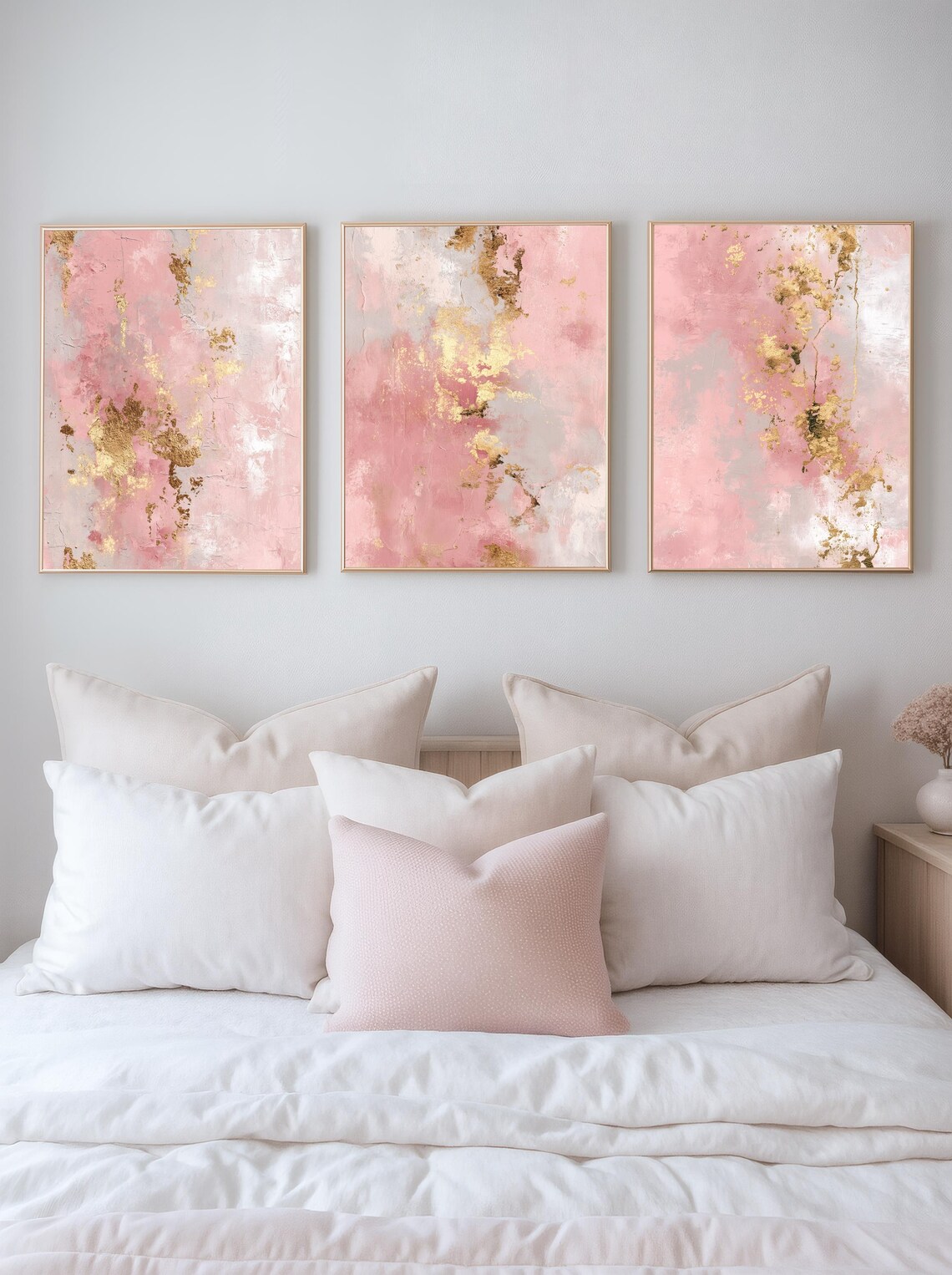 Pink Gold Abstract Wall Art Set of 3, Blush Modern Abstract Watercolor ...