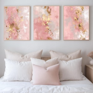 Pink Gold Abstract Wall Art Set of 3, Blush Modern Abstract Watercolor ...