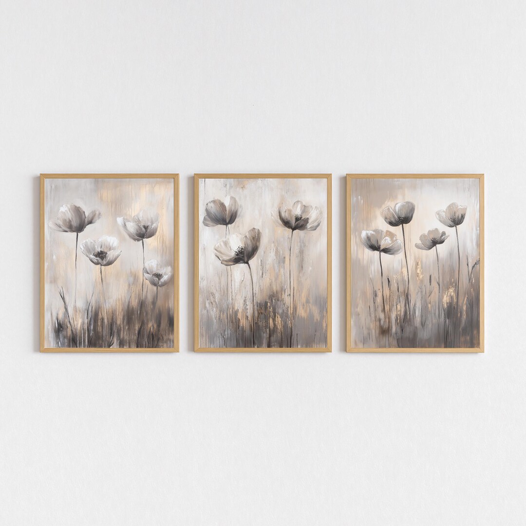 Beige Poppy Prints Set of 3: Elegant Floral Wall Art, Modern Abstract ...
